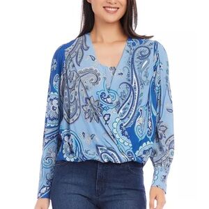 Karen Kane Blue Paisley Draped Long Sleeve Shirt Size XL NWT